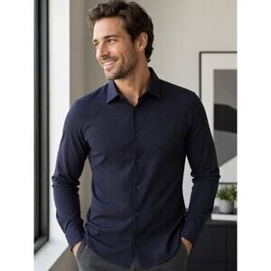 Cactus Man XL Navy Stretch Button Up Micro Print Wrinkle Free Lightweight Shirt